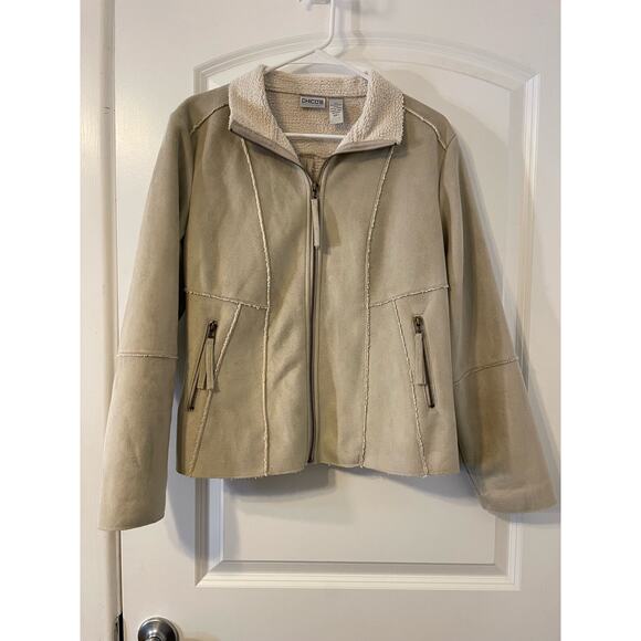 Chico's Jacket Medium Ivory Faux Suede Sherpa Lined Western Rodeo Cowgirl - Picture 1 of 6